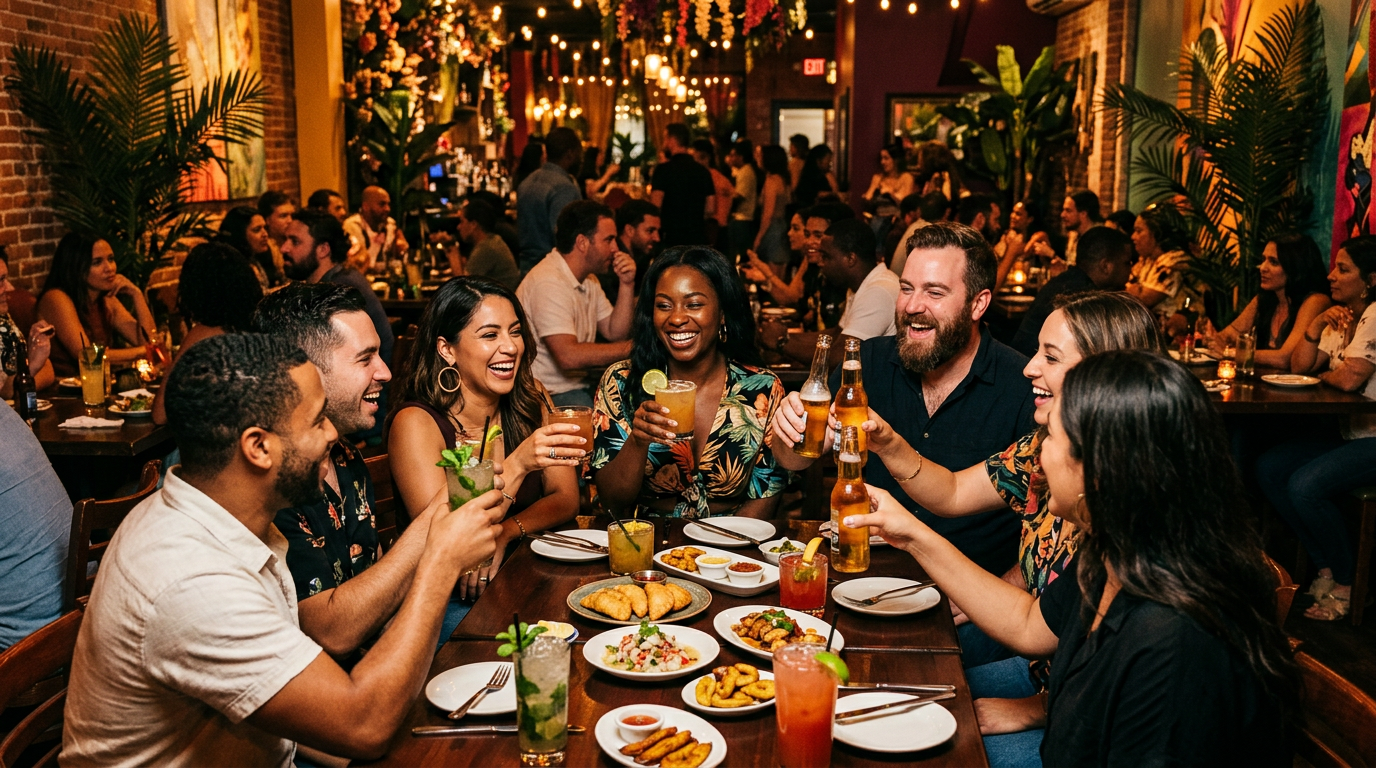 A lively Latin-Caribbean crowd enjoying dinner and cocktails
